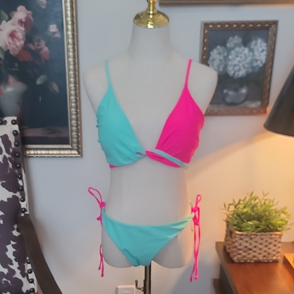 Colorblock Pink and Aqua Tie-Side Bikini